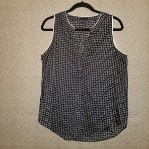 Ann Taylor Womens Medium Tank Blouse Shirt Sleeveless Top Blue White V-Neck